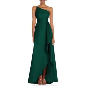 Alfred Sung Hunter Green One-Shoulder Satin Prom Christmas Gown Size 10 D831
